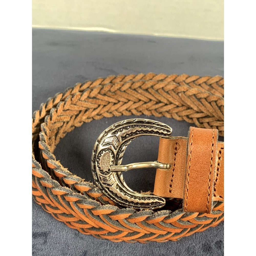 Vintage Womens Braided Belt Leather Brown Medium Solid‎ Silver Tone Buckle Nice - Picture 8 of 16